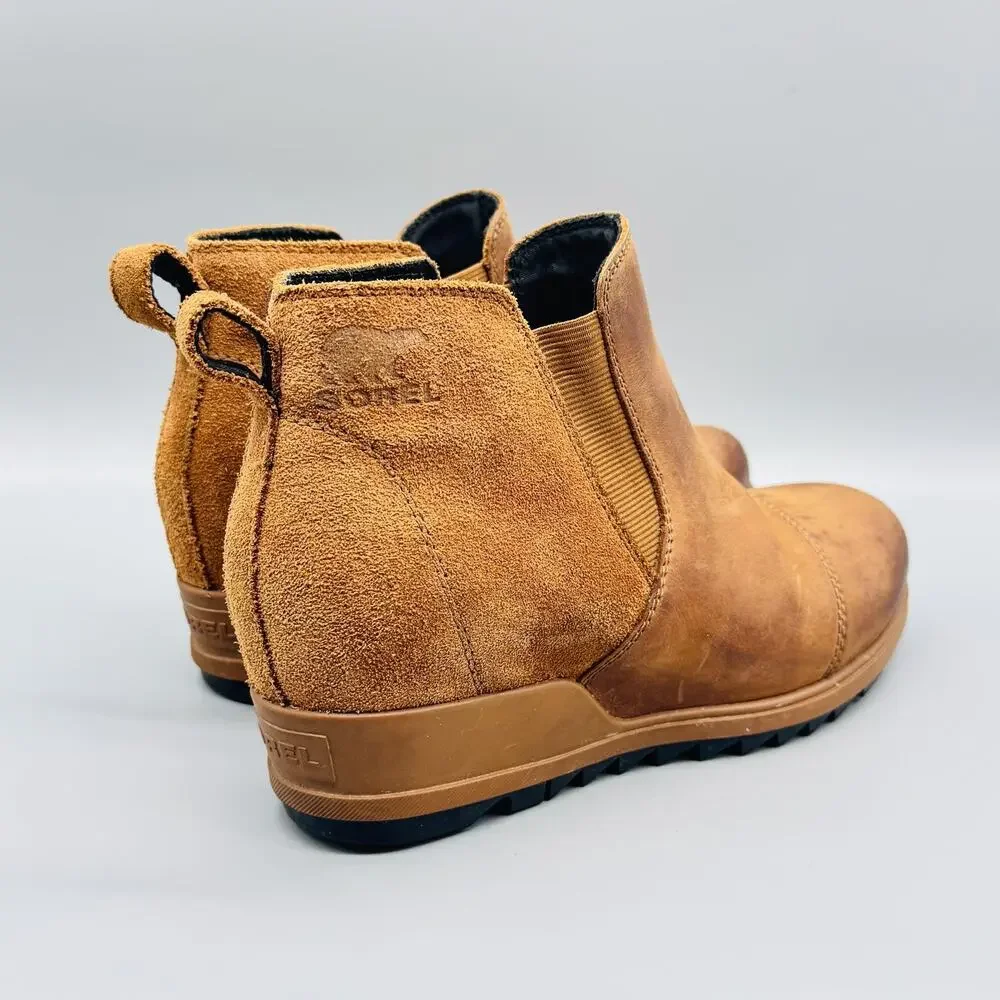 Sorel Boots Womens 7.5 Brown Leather Suede Evie Chelsea Wedge Ankle Waterproof